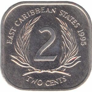 DOMINICA Moedas 2 centavos do Caribe Oriental 1995