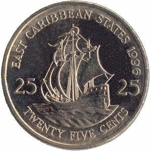 Монеты ДОМИНИКИ 25 центов Восточные Карибы 1996